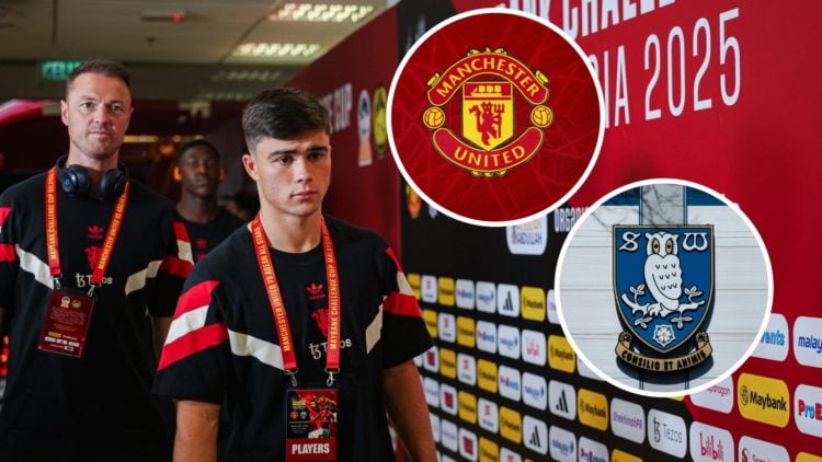 Harry Amass travels with Manchester United for their end of season friendly, an inset of the Sheffield Wednesday badge, an inset of the Manchester ...