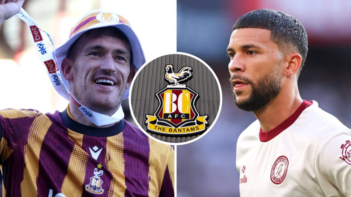 Bradford City striker Andy Cook celebrates after promotion from League Two. Nahki Wells during a game for Bristol City FC. Inset, the Bradford City...