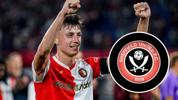 Anel Ahmedhodzic lifts his arms in celebration after Feyenoord's win (main) and Sheffield United badge (inset)