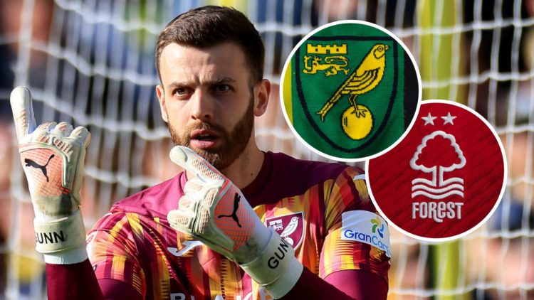 Angus Gunn in action for Norwich City, and inset, the Norwich City FC badge and the Nottingham Forest FC badge.
