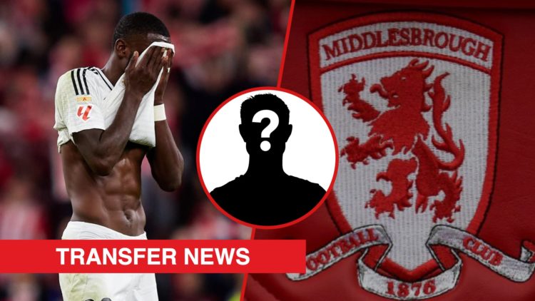 Split image showing Real Madrid defender Antonio Rudiger and the Middlesbrough badge