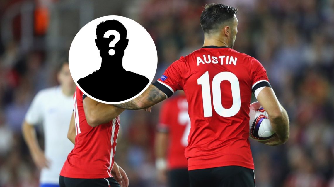 Charlie Austin and Dusan Tadic argue over taking a Southampton penalty, an inset of a mystery figure