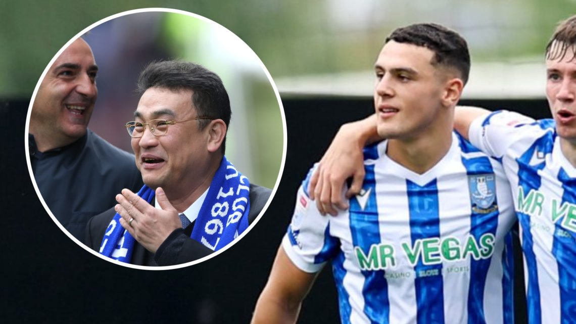 Bailey Cadamarteri of Sheffield Wednesday celebrating at Wrexham (right) and Sheffield Wednesday owner Dejphon Chansiri (right)