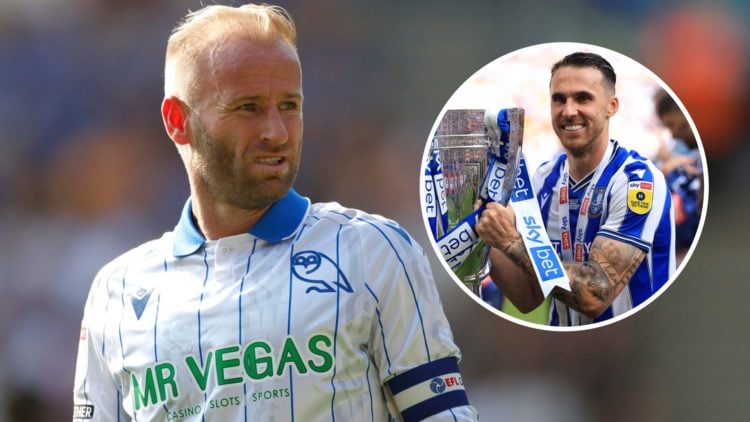 Barry Bannan reacts during a Championship game for Sheffield Wednesday FC. And inset, Lee Gregory holding the League One play-off final trophy.