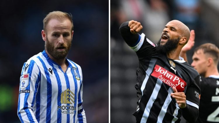 Barry Bannan of Sheffield Wednesday looks on (L), David McGoldrick of Notts County celebrates after scoring a goal (R)