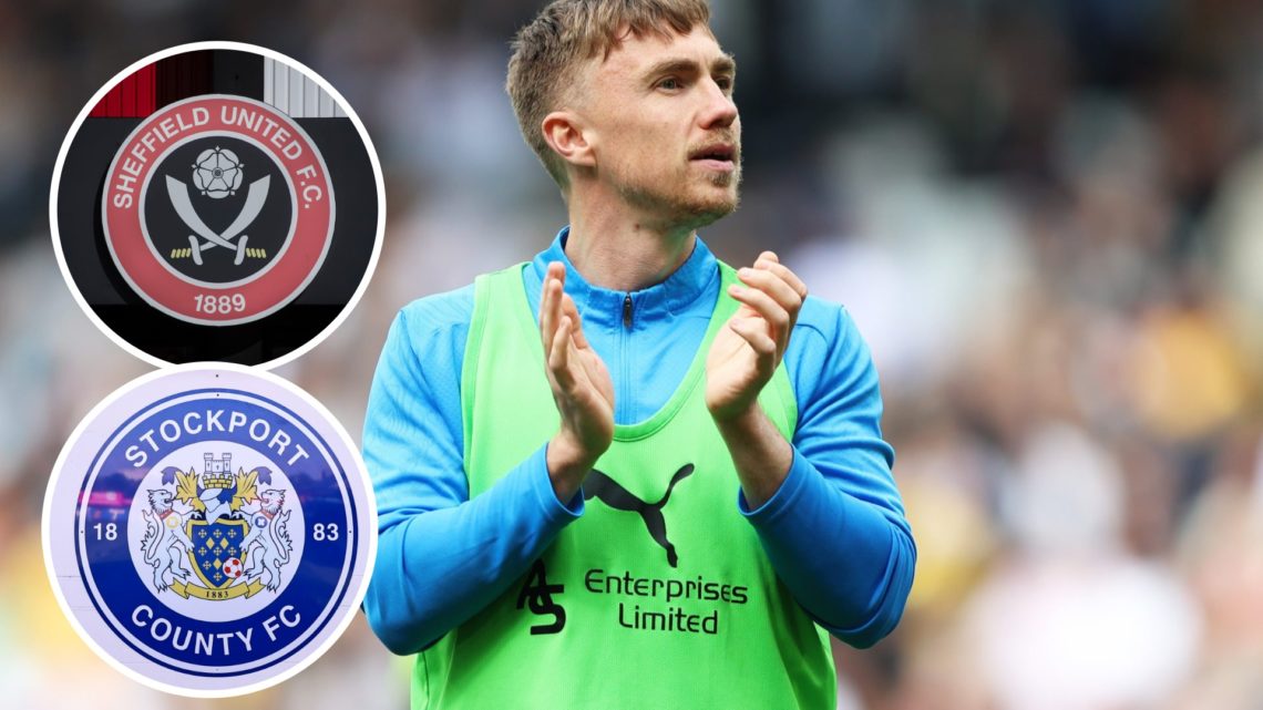 Ben Osborn of Derby County celebrates avoiding relegation after Derby County draw 0-0 with Stoke City. Inset, Sheffield United badge. Inset, Stockp...