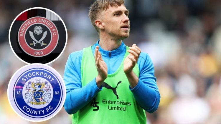 Ben Osborn of Derby County celebrates avoiding relegation after Derby County draw 0-0 with Stoke City. Inset, Sheffield United badge. Inset, Stockp...