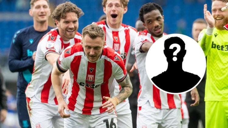 Stoke City push Ben Wilmot to applaud the fans, an inset of a mystery player