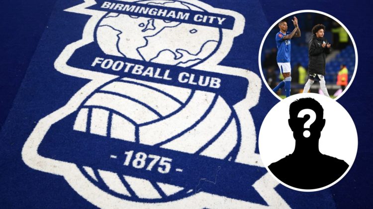 Birmingham City badge at St Andrew's (main) and Ashley Young and Tyler Young clap the fans after Everton v Peterborough (inset) and mystery player ...