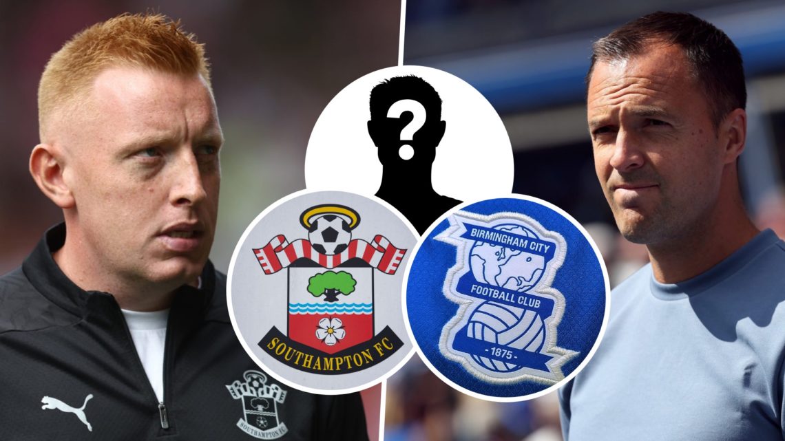 Will Still reacts before a Championship game, and Chris Davies during a Championship game. Inset, a mystery player, the Southampton FC badge and th...