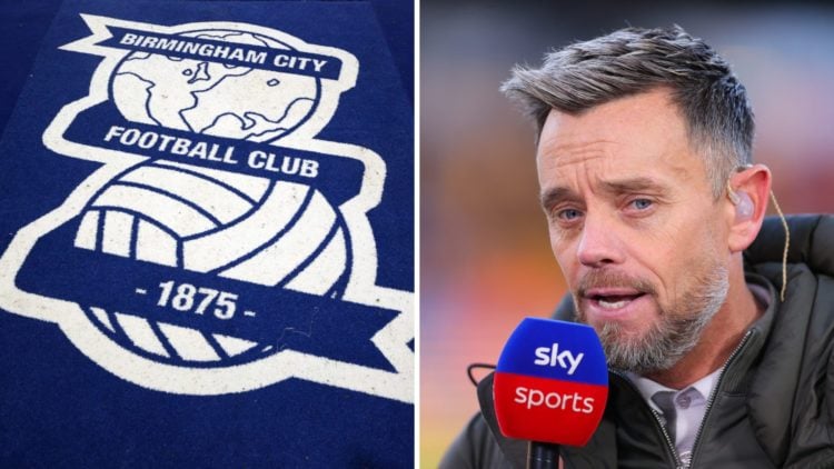 A detailed view of the Birmingham City badge, Lee Hendrie working as a pundit for Sky Sports
