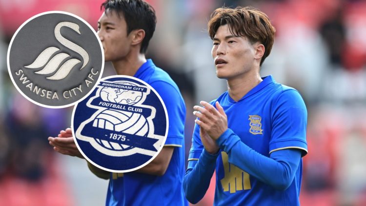 Seung-ho Paik & Kyogo Furuhashi of Birmingham City applaud the fans after the loss to Stoke City, an inset of the Birmingham City badge, an inset o...