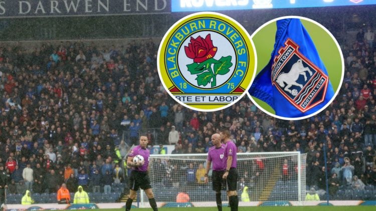 Referee Steve Martin inspects the pitch at Ewood Park during Blackburn Rovers vs Ipswich Town, an inset of the Blackburn Rovers badge, an inset of ...