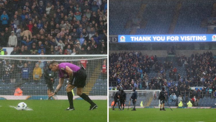 The referee tries to roll the ball at Blackburn on the wet pitch (left) and Blackburn's Ewood Park view (right)