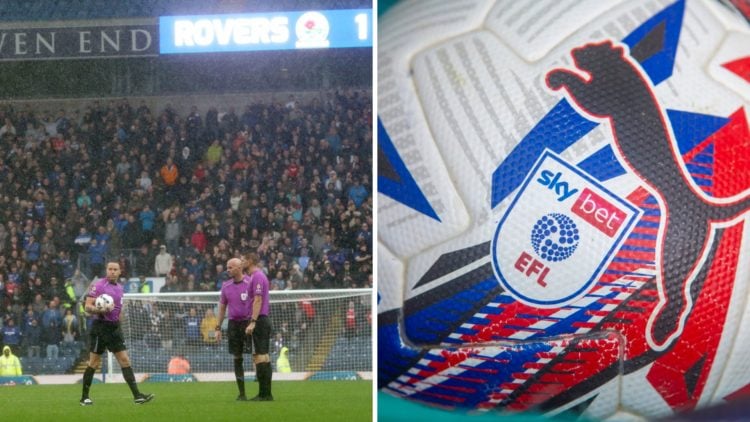 The officials stand in the rain during Blackburn Rovers versus Ipswich Town at Ewood Park (left) and stationary EFL ball (inset)