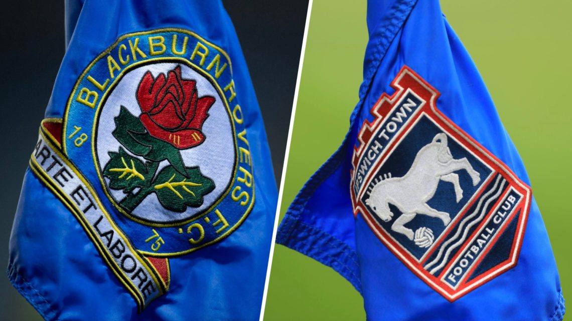 Split image of Blackburn Rovers badge and Ipswich Town badge.