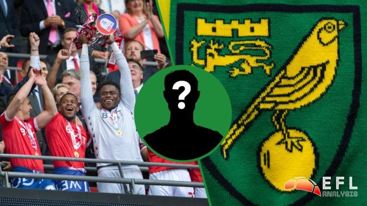 Split image showing Brice Samba celebrating winning promotion with Nottingham Forest and the Norwich City badge on a scarf