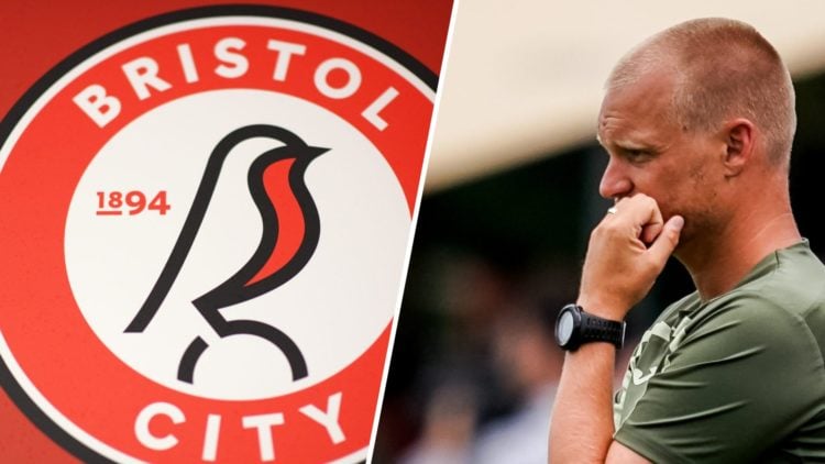 Bristol City badge (left) and Liam Manning puts his hand on his face as he looks on while managing Norwich City (right)