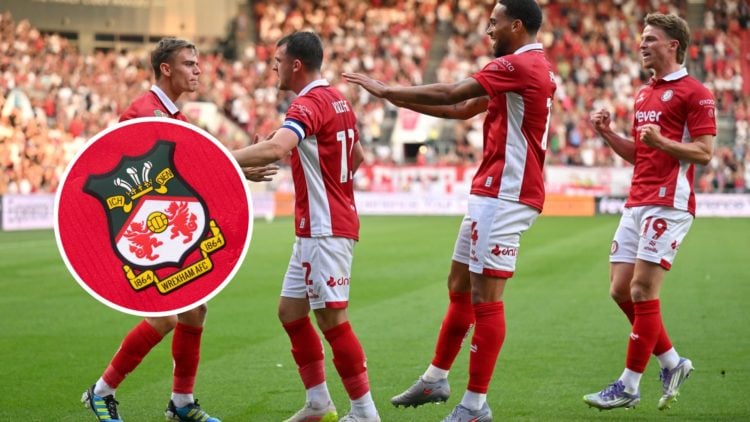 Jason Knight of Bristol City celebrates scoring his team's first goal with teammates Scott Twine and Zak Vyner, an inset of the Wrexham badge