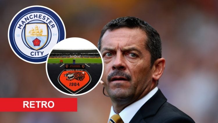 Phil Brown looks on during Hull City vs Wigan Athletic, an inset of the Manchester City badge, an inset of the MKM Stadium beofore a Hull City game