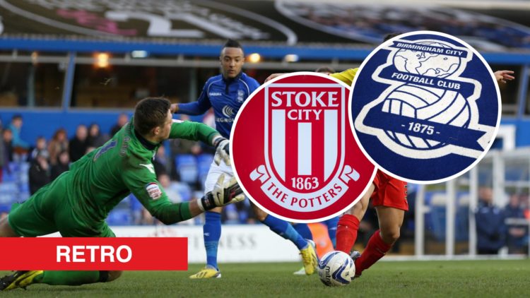 Jack Butland saves a shot during Birmingham City v Watford, an inset of the Birmingham City badge, an inset of the Stoke City badge
