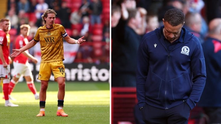 Todd Cantwell is frustrated with a decision during Charlton Athletic vs Blackburn Rovers, Valerien Ismael, manager of Blackburn Rovers, looks dejec...