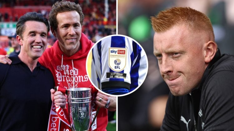 Wrexham AFC owners Ryan Reynolds and Rob Mac celebrating promotion, and Southampton FC manager Will Still. Inset, the Sky Bet Championship logo.