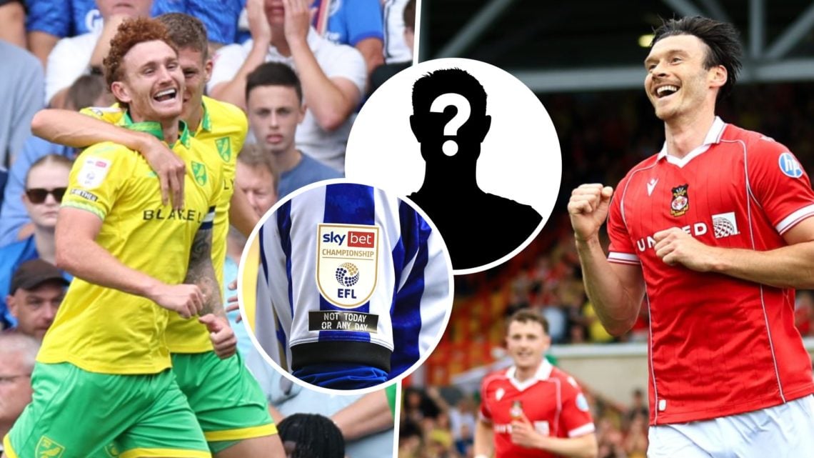 Norwich City FC striker Josh Sargent celebrates after scoring, and Wrexham AFC striker Kieffer Moore celebrates after scoring. Inset, a mystery pla...