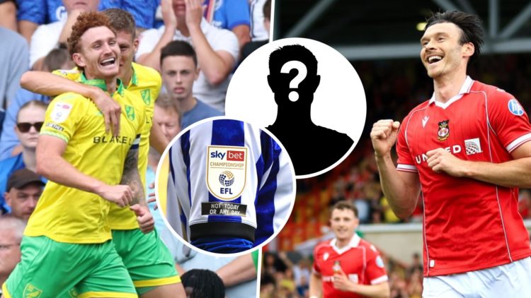 Norwich City FC striker Josh Sargent celebrates after scoring, and Wrexham AFC striker Kieffer Moore celebrates after scoring. Inset, a mystery pla...