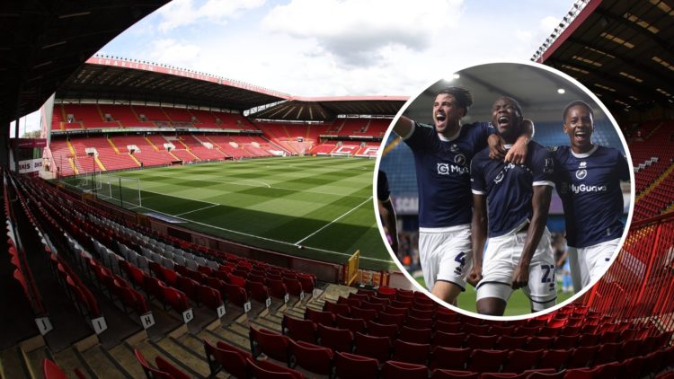 Charlton Athletic's The Valley Stadium from the Jimmy Seed Stand (main) and Millwall's players celebrate scoring (inset)