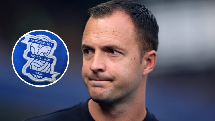 Chris Davies, Manager of Birmingham City, looks on prior to the Carabao Cup Second Round match between Birmingham City and Port Vale. Inset, Birmin...