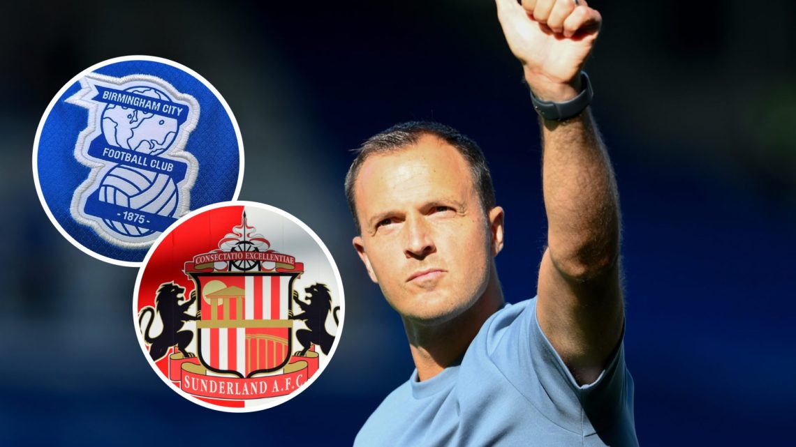 Chris Davies, Birmingham City Manager, gives a thumbs-up. Inset, Birmingham City badge. Inset, Sunderland badge