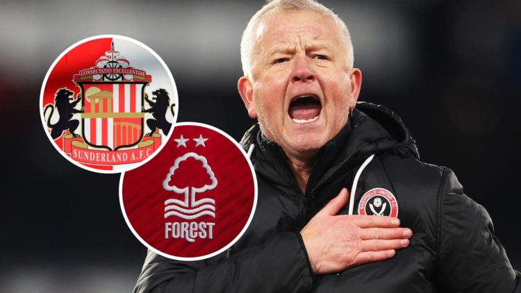 Sheffield United manager Chris Wilder. Overlaid, the Nottingham Forest FC badge and the Sunderland AFC badge.