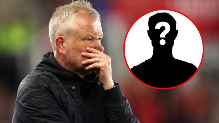 Chris Wilder looks frustrated while managing Sheffield United (main) and mystery club graphic (inset)