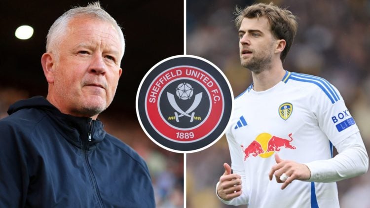 Chris Wilder reacts during a Championship game, and former Leeds United striker Patrick Bamford. Inset, the Sheffield United FC badge.