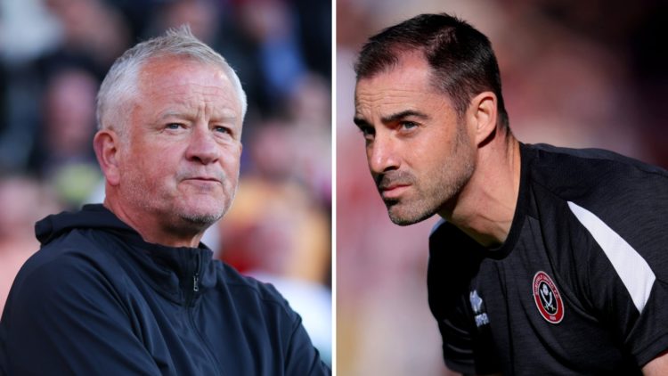 Chris Wilder looks on with his arms folded while managing Sheffield United (left) and Ruben Selles crouches down while managing Sheffield United (r...