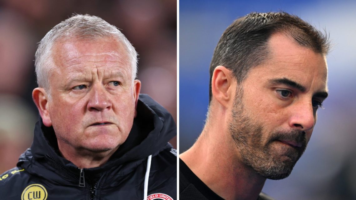 Chris Wilder looks on while managing Sheffield United (left) and Ruben Selles looks down in frustration while managing Sheffield United (right)