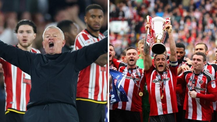 Chris Wilder stretches his arms in frustration while managing Sheffield United (left) and Sheffield United's Billy Sharp lifts the League One troph...