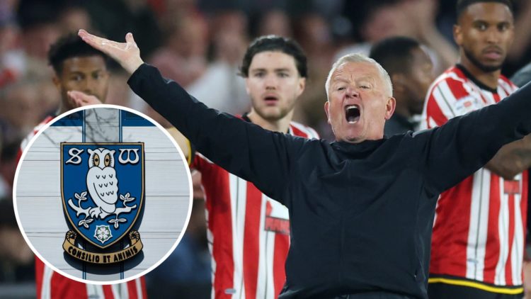 Chris Wilder stretches his arms in frustration while managing Sheffield United (main) and Sheffield Wednesday badge (inset)