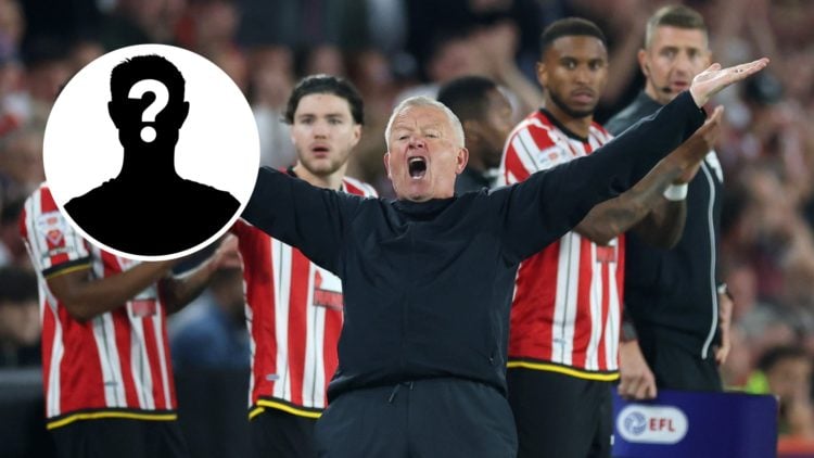 Chris Wilder, Manager of Sheffield United, reacts to a referee decision against Bristol City, an inset of a mystery man