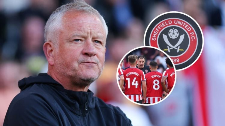 Sheffield United manager Chris Wilder. Inset, the Sheffield United FC badge, and Ruben Selles talking to the Sheffield United players after the ope...