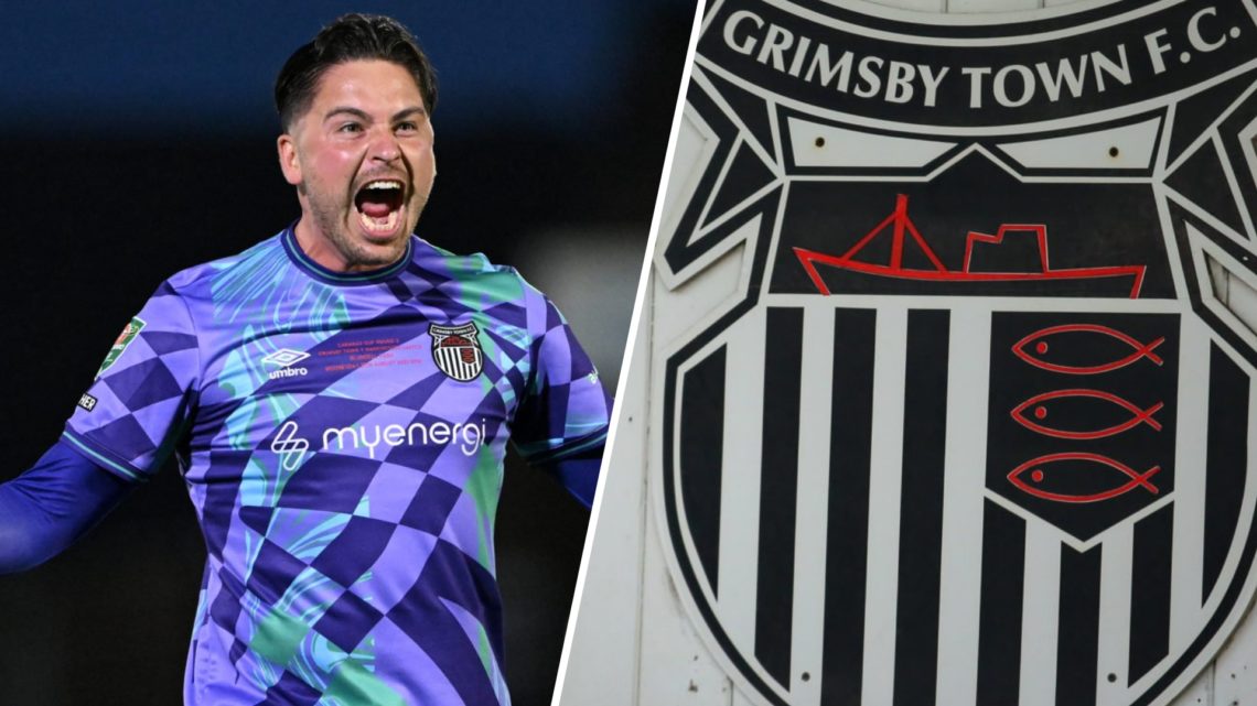 Split image of Grimsby Town goalkeeper Christy Pym and Grimsby Town badge.