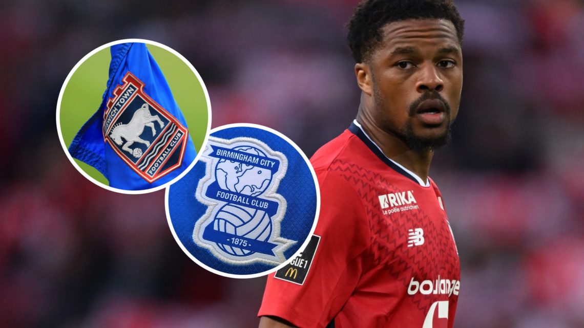 Chuba Akpom reacts during a Ligue 1 game on loan at Lille. Inset, the Birmingham City FC badge and the Ipswich Town FC badge.