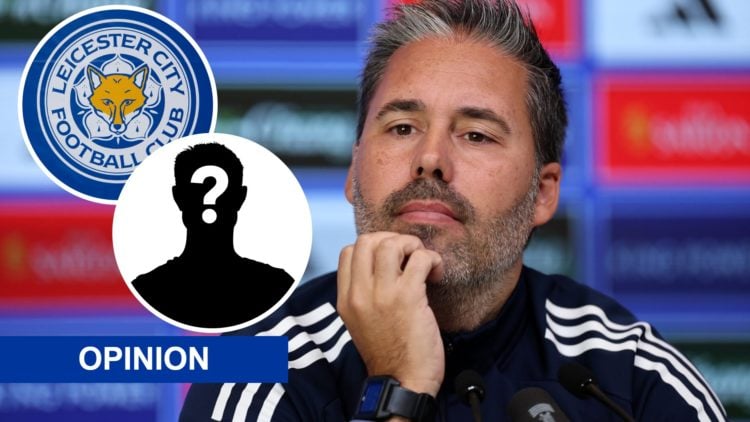 Marti Cifuentes looks on during a Leicester City press conference, an inset of the Leicester City badge, an inset of a mystery figure