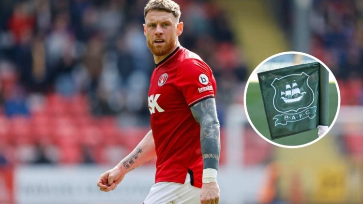 Connor Wickham of Charlton Athletic during the Sky Bet League One match between Charlton Athletic and Shrewsbury Town. Inset, Plymouth Argyle flag