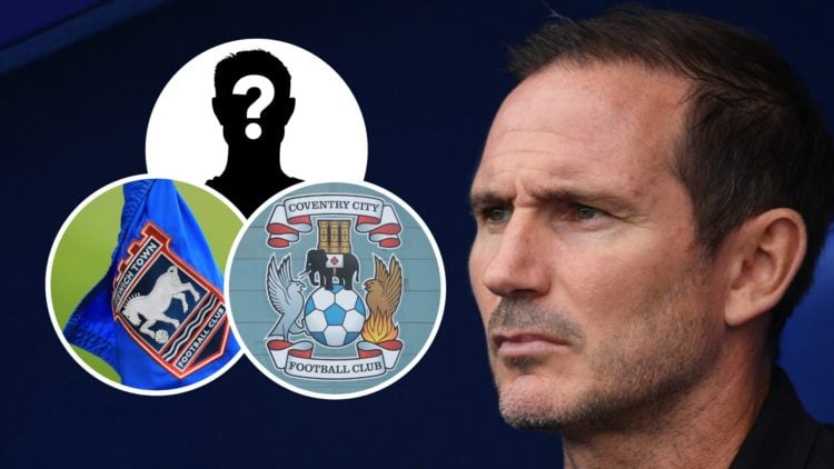 Coventry City FC manager Frank Lampard reacts during a Championship game. Overlaid, a mystery player, the Coventry City FC badge and the Ipswich To...