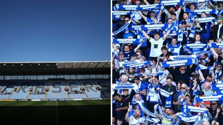 Coventry City's Ricoh Arena (left) and Birmingham City fans (right)