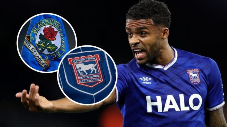 Darnell Furlong shouts during Ipswich Town vs Sheffield United. Inset, the Ipswich Town FC badge and the Blackburn Rovers FC badge.