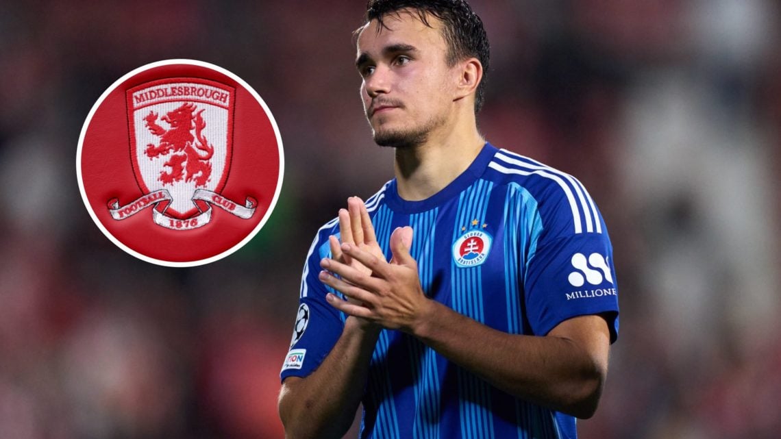 David Strelec reacts during a game for Slovan Bratislava. Inset, the Middlesbrough FC badge.