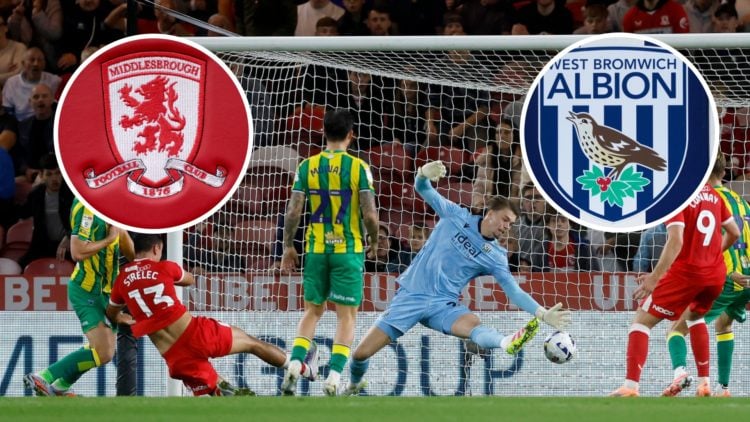 David Strelec scores against West Brom. Overlaid, the Middlesbrough FC badge and the West Bromwich Albion FC badge.